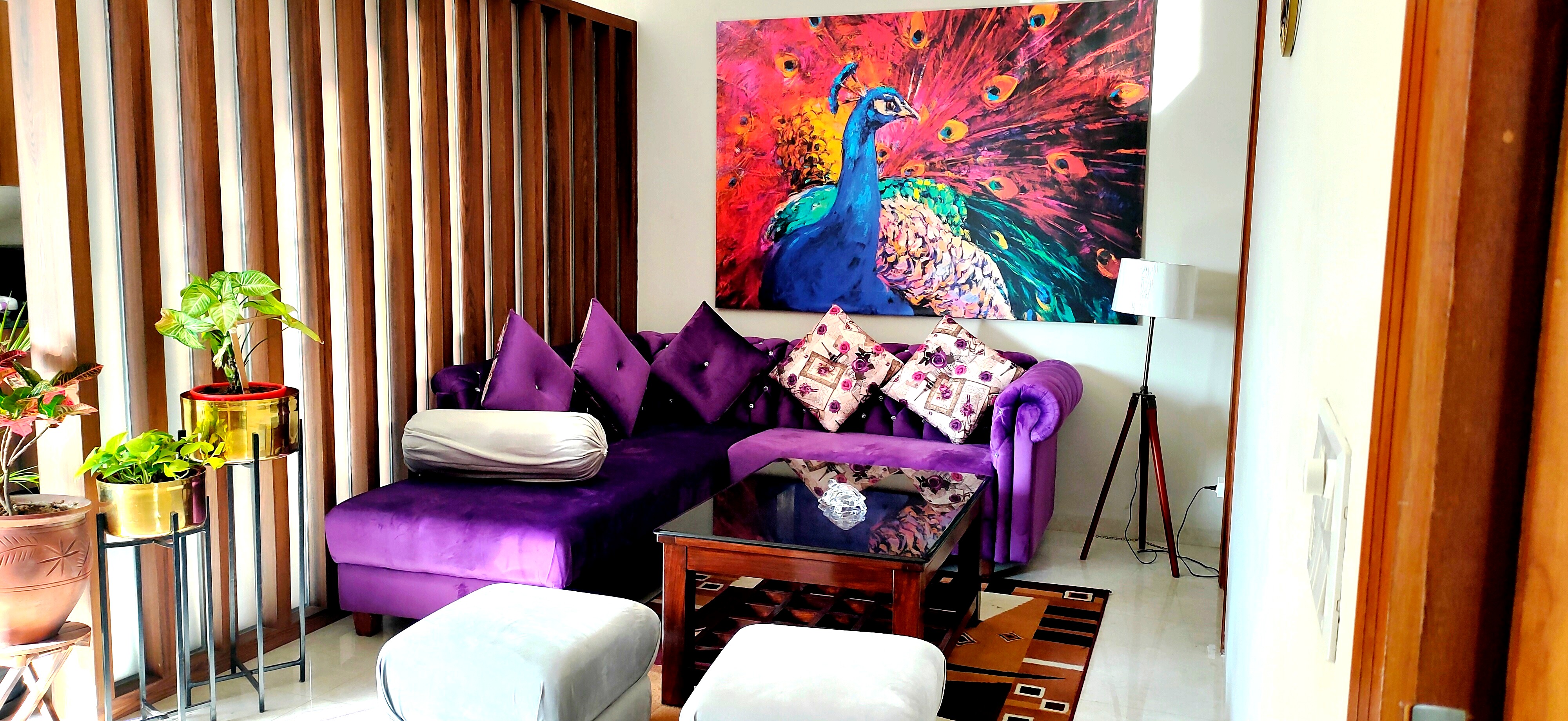 Living room of a Sukh Vaas serviced apartment in Rani Ka Bagh, Amritsar