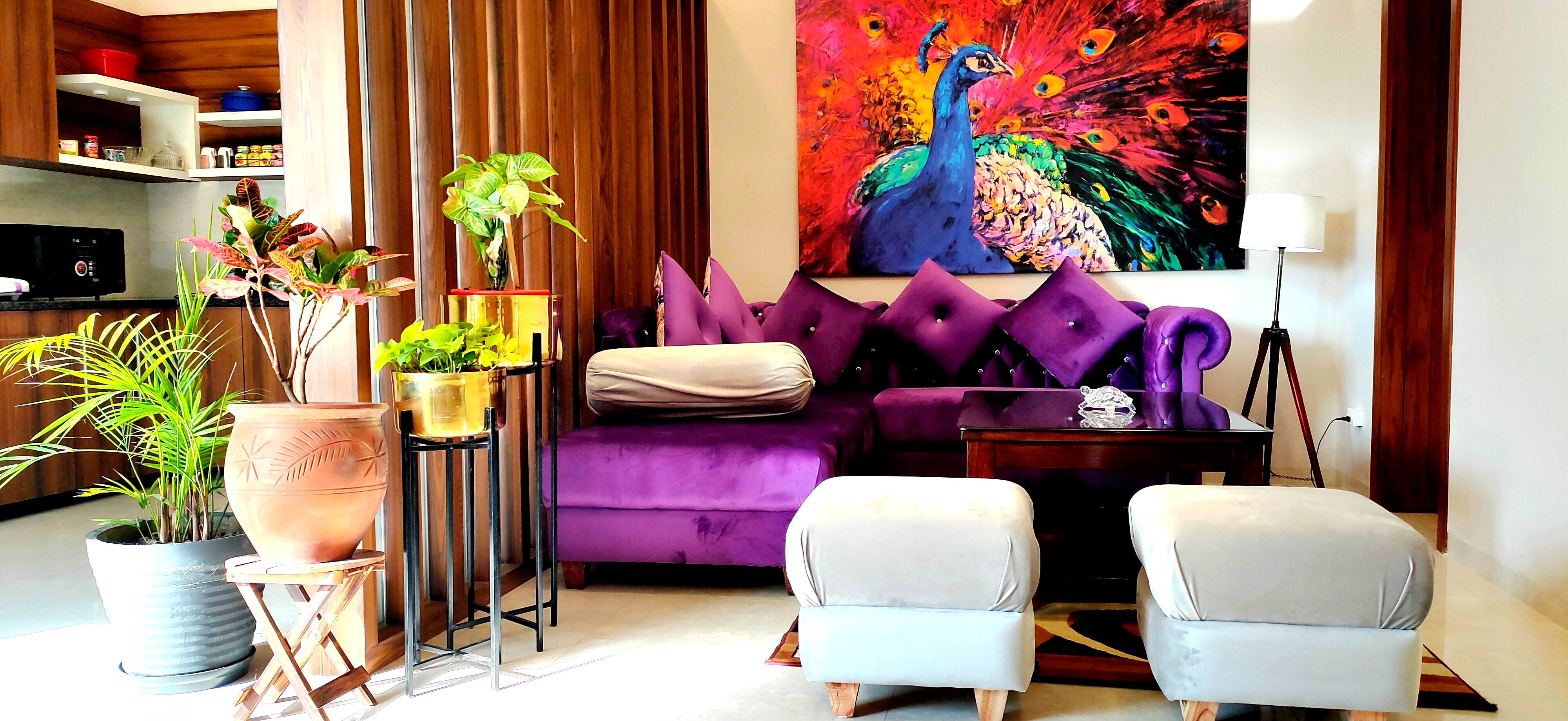 Furnished living room of a Sukh Vaas serviced apartment in Rani Ka Bagh, Amritsar